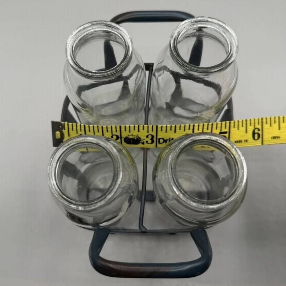 Farmhouse Glass Milk Bottle Set with Metal Wire Carrier Caddy 4 Piece‎ Clear